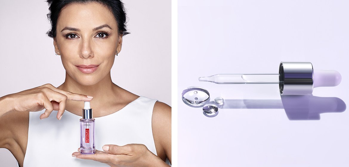 Fotocollage bestehend aus zwei Bildern mit Eva Longoria und dem L'Oréal Revitalift Serum
